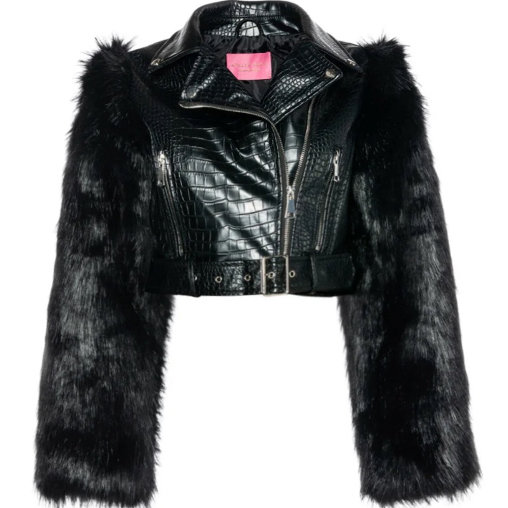 NWOT AZALEA WANG NOLA FAUX FUR SLEEVE CROC BODY MOTO JACKET BLACK